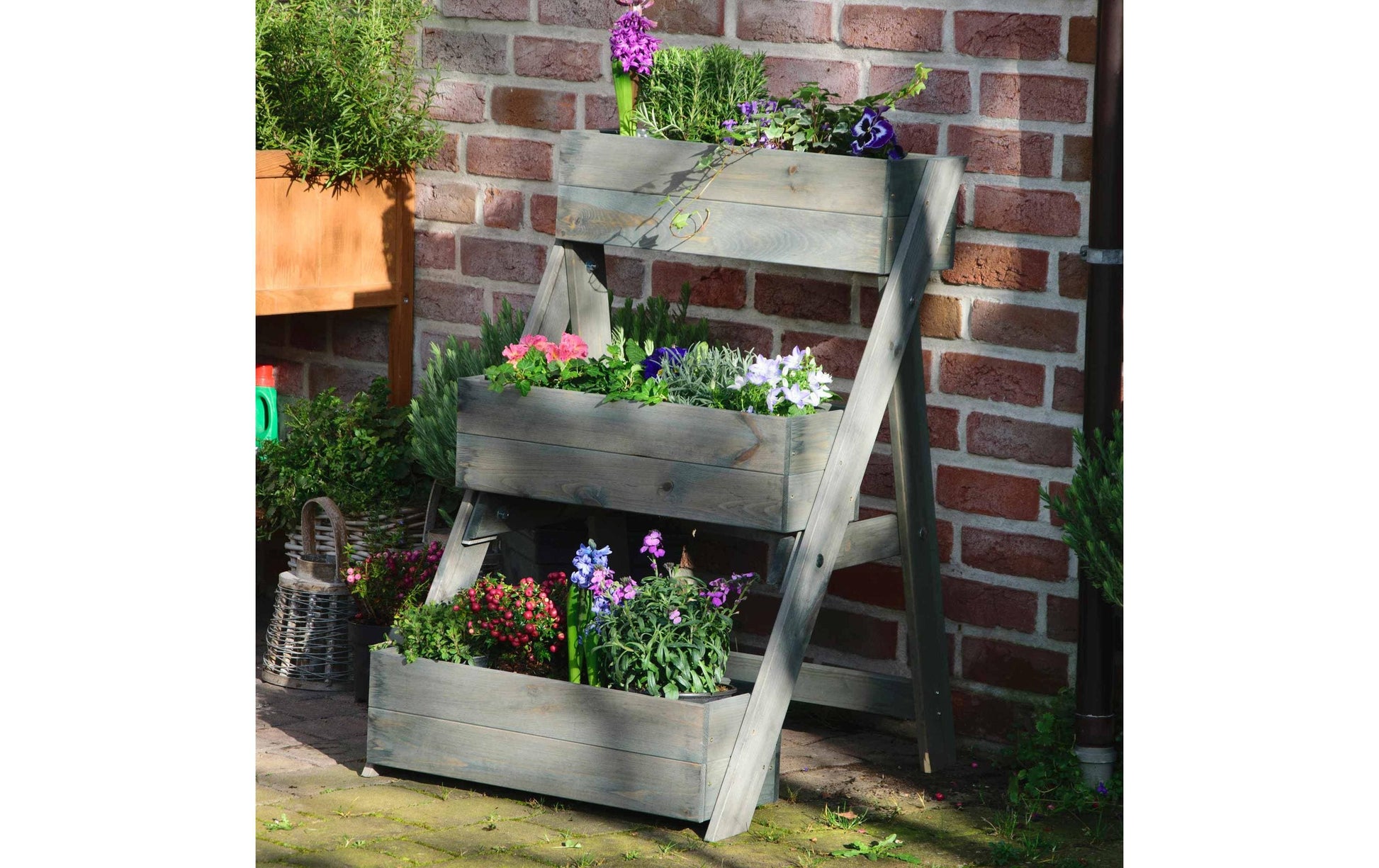 Dobar Hochbeet Pflanztreppe – 70 × 90 × 70 cm – Kiefernholz, Grau