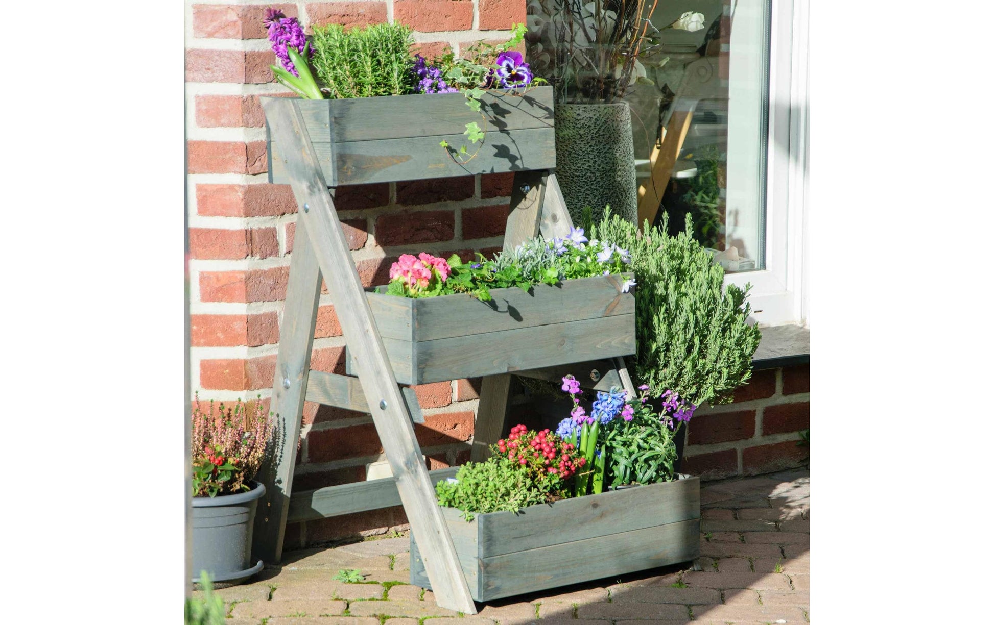 Dobar Hochbeet Pflanztreppe – 70 × 90 × 70 cm – Kiefernholz, Grau