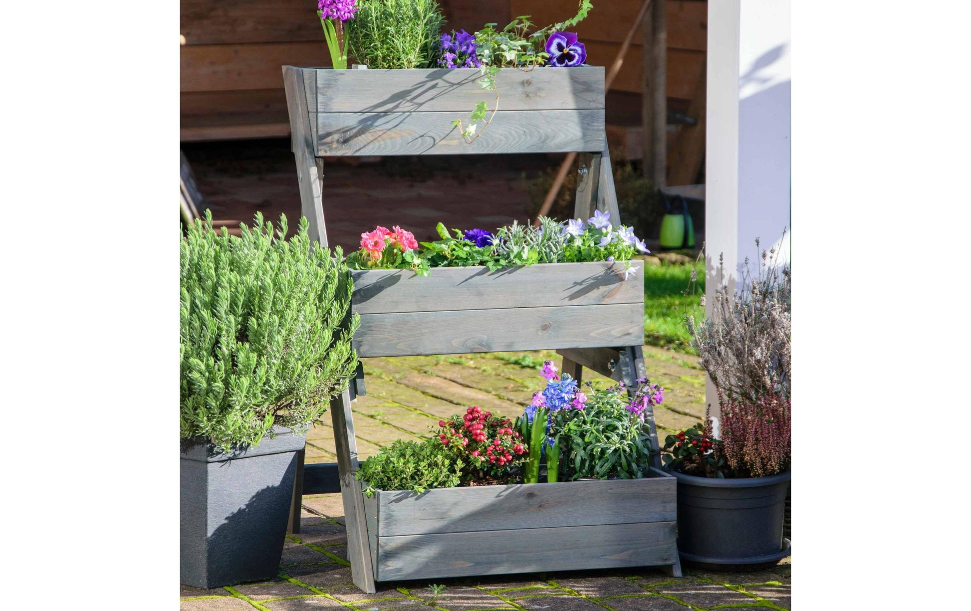 Dobar Hochbeet Pflanztreppe – 70 × 90 × 70 cm – Kiefernholz, Grau