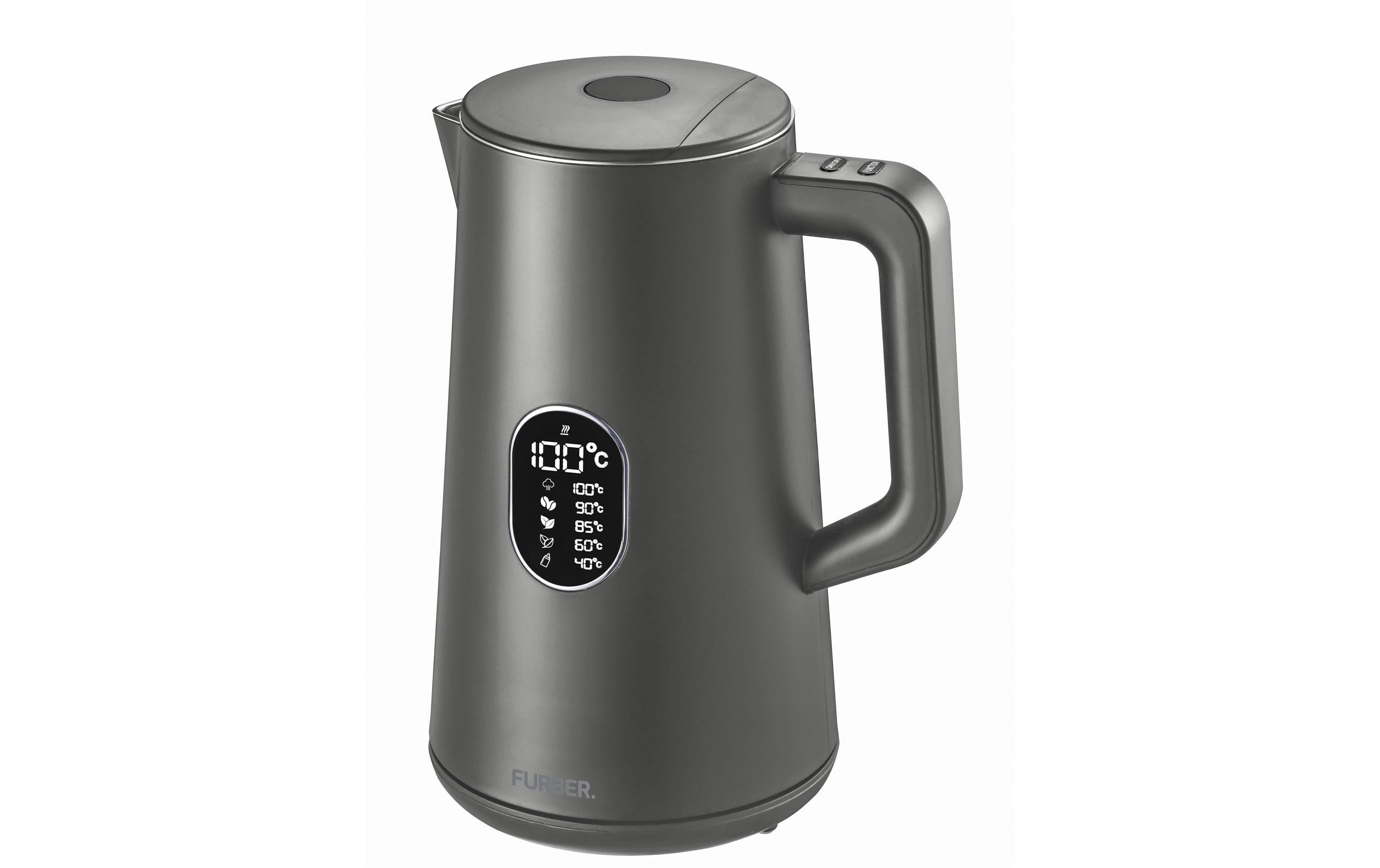 Furber Wasserkocher – 1,5 l, Edelstahl/Kunststoff, Temperaturwahl, Warmhaltefunktion, 1800 W, Grau, 360°-Sockel