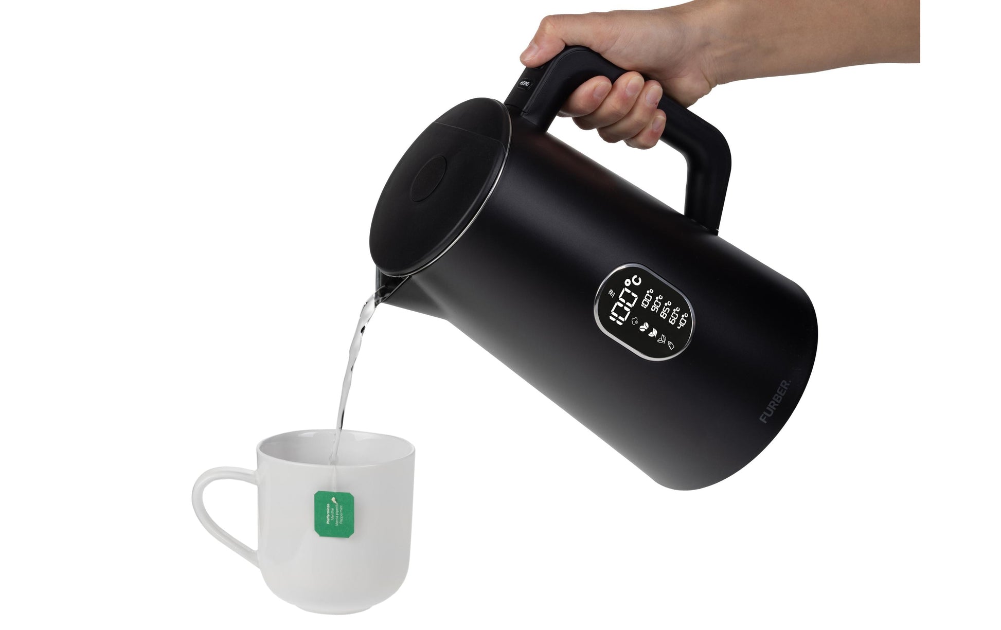 Furber Digitaler Wasserkocher, Edelstahl, Kunststoff, Temperaturwahl, Warmhaltefunktion, 1800 W, Schwarz, 360°-Sockel