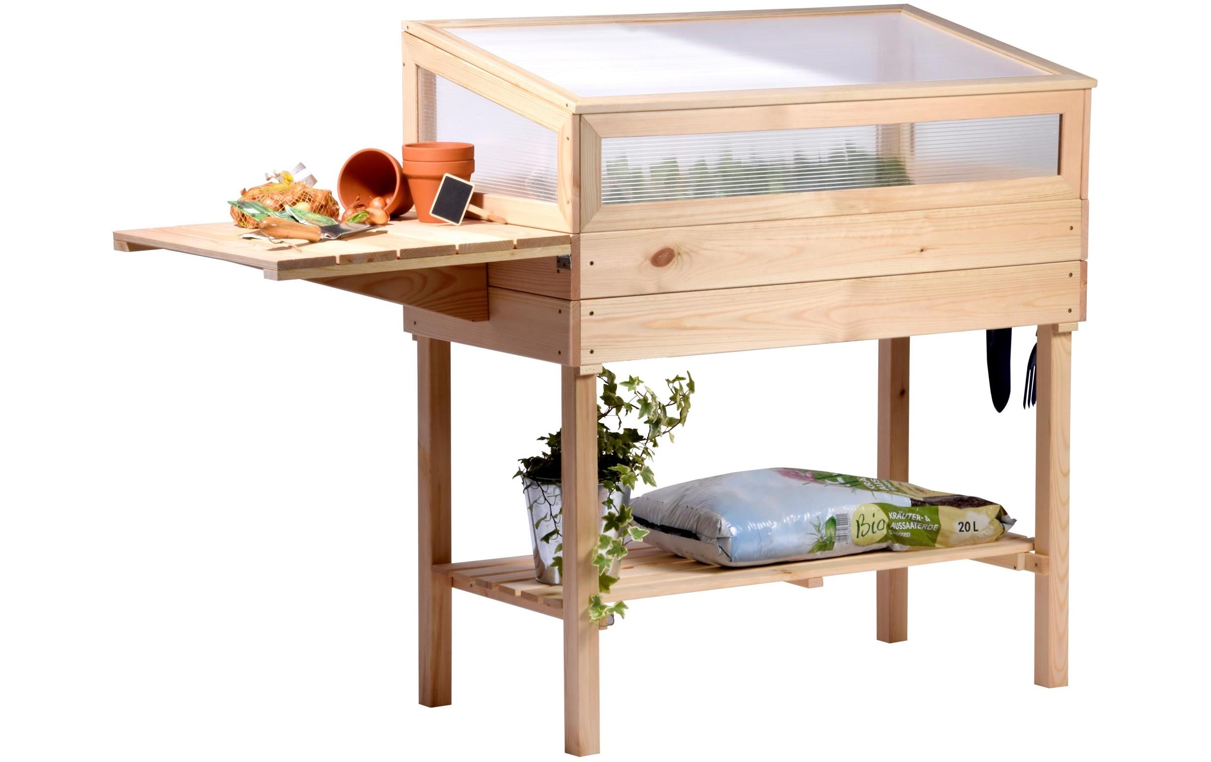 Dobar Erhöhtes Frühbeet mit Tisch & Haken Gr. L – 150 × 50 × 107 cm, Kiefernholz, Braun