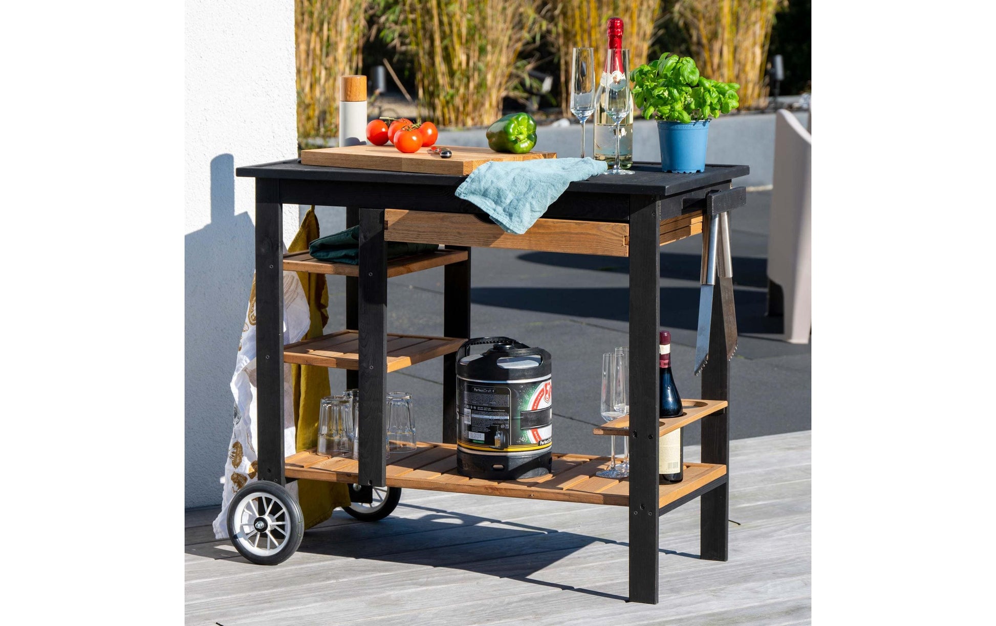 Dobar BBQ-Trolley – Schwarz, Braun – Pinienholz – Tisch 95 × 48 × 84 cm