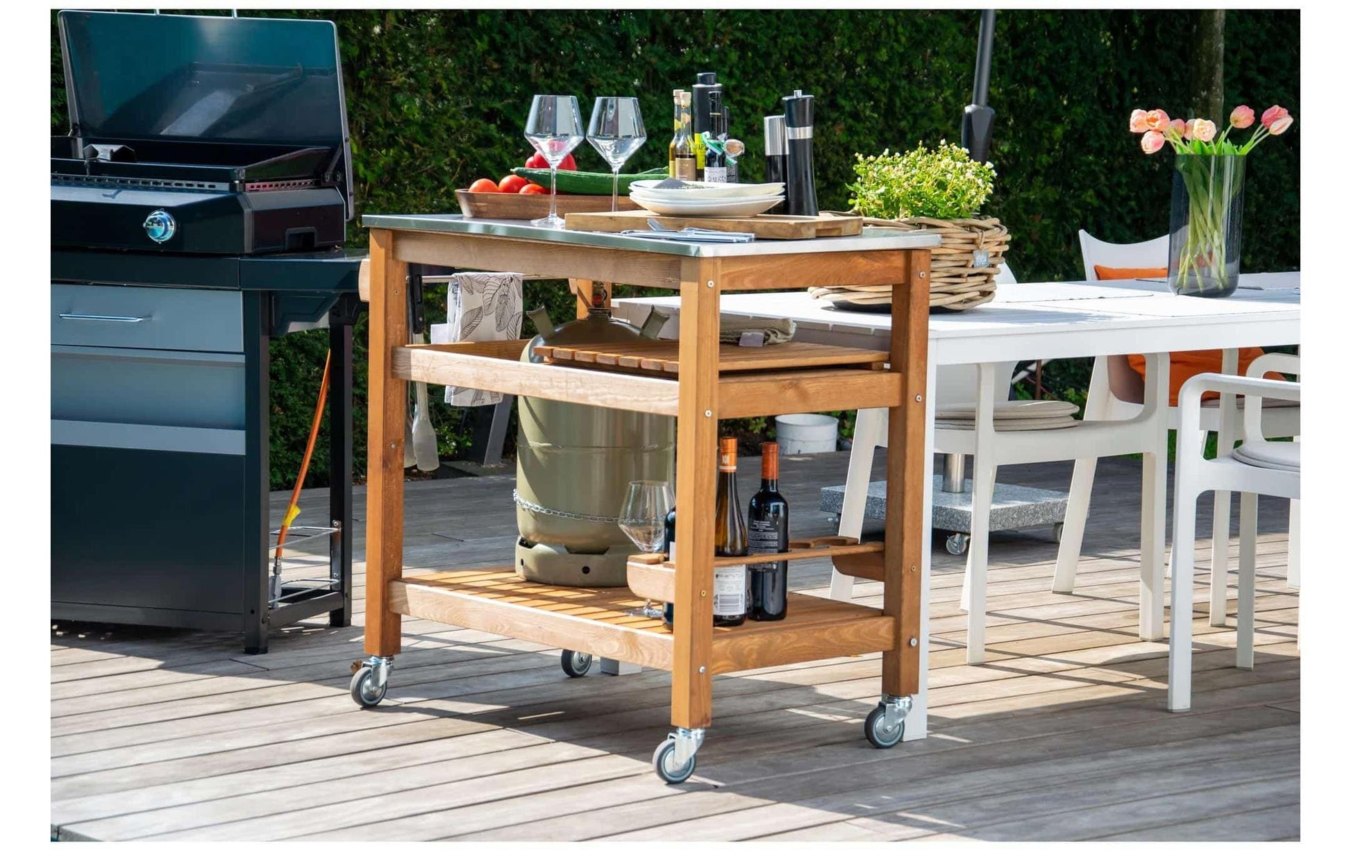Dobar Beistellwagen 1-teilig – Braun – Pinienwald – Tisch 94 × 58 × 90 cm – für draussen