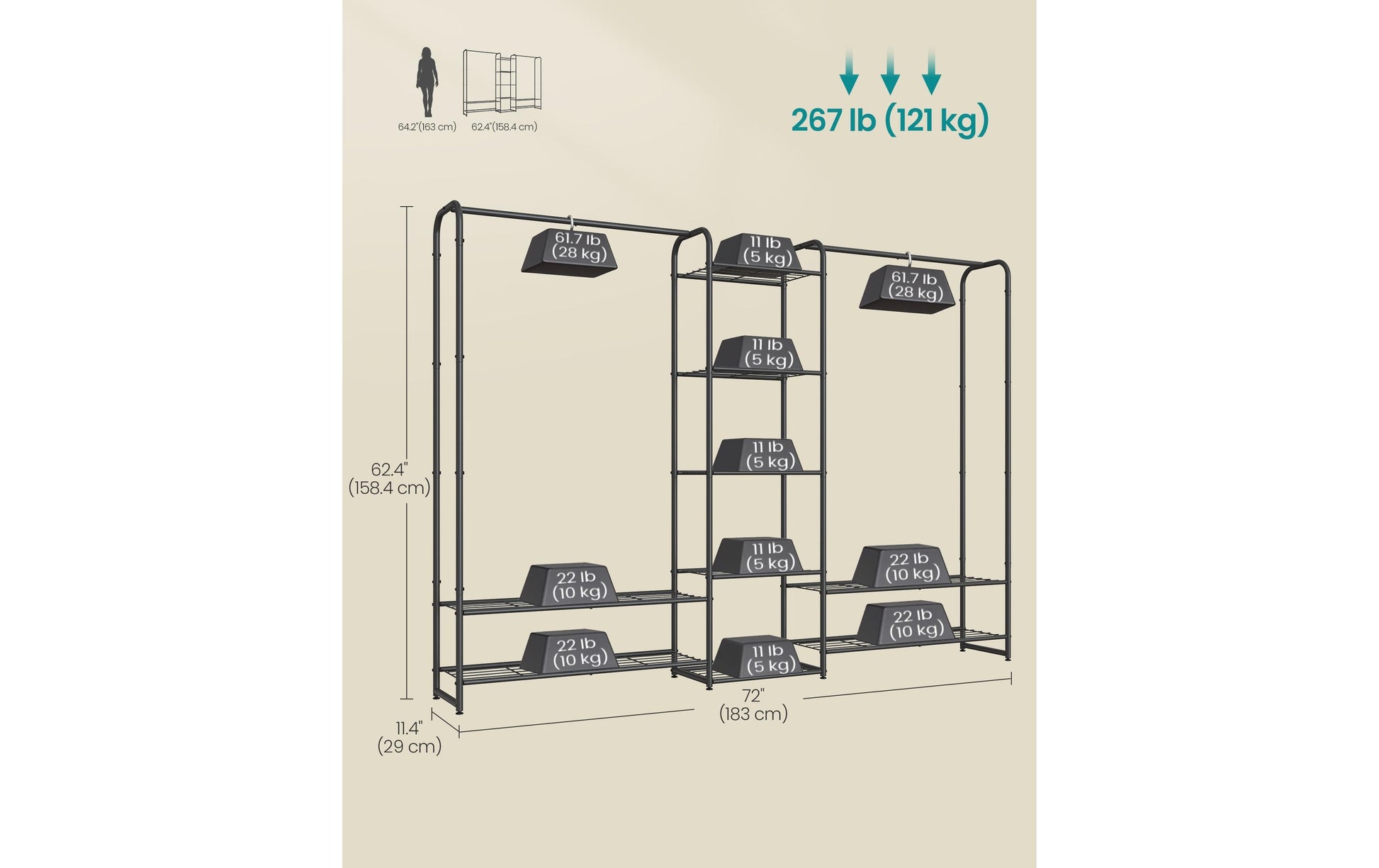 Songmics Garderobenständer – Stahl – Schwarz – 1584 mm