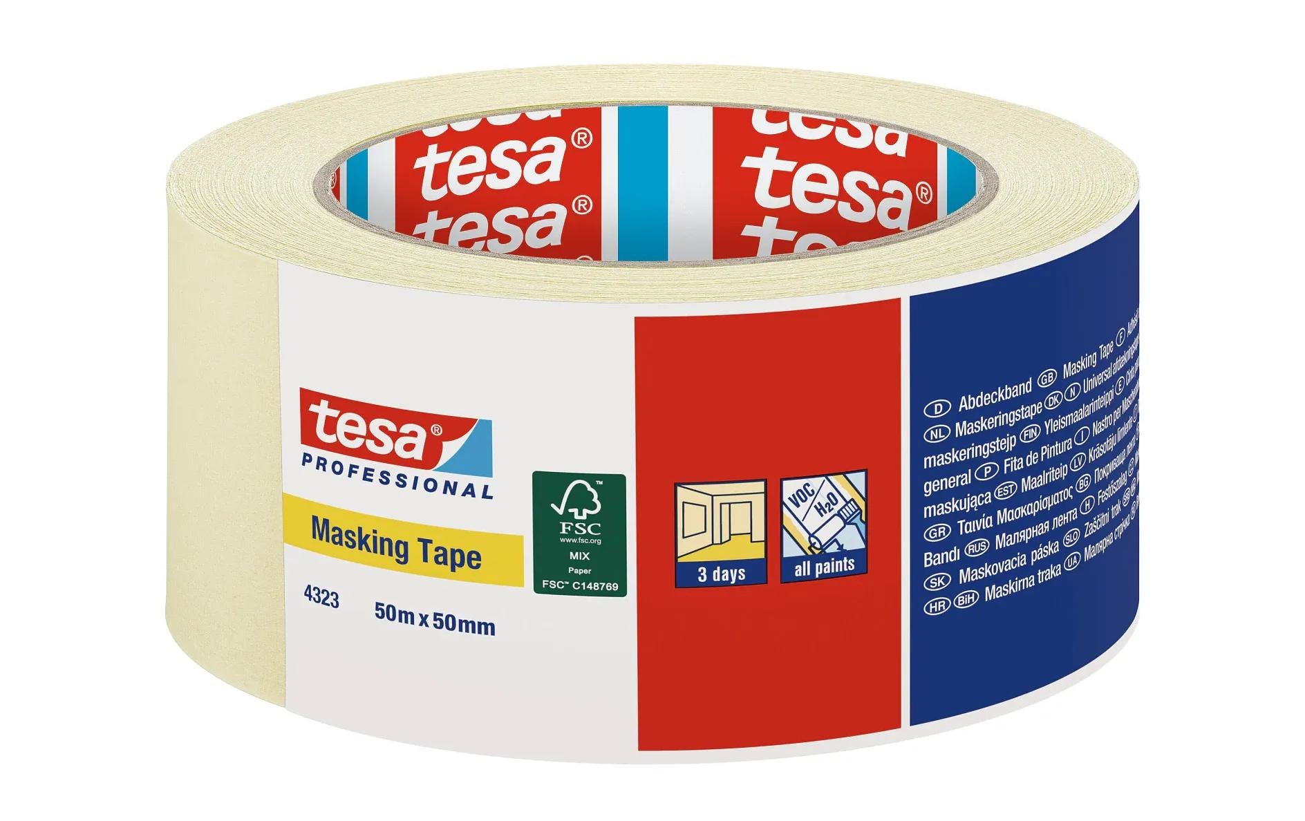 TESA Malerband 4323 Basic, beige – 50 mm × 50 m, 6 Rollen