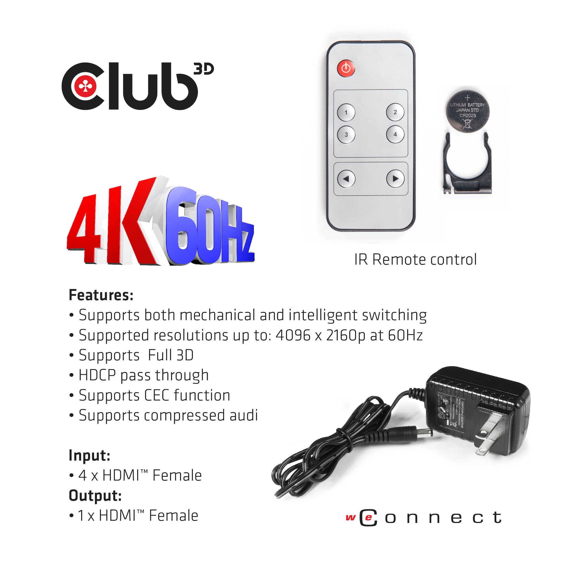 CLUB3D Club 3D – HDMI-Switchbox – 4K UHD, HDMI 2.0a, 4 Eingänge, 1 Ausgang, Fernbedienung – Schwarz, Metall