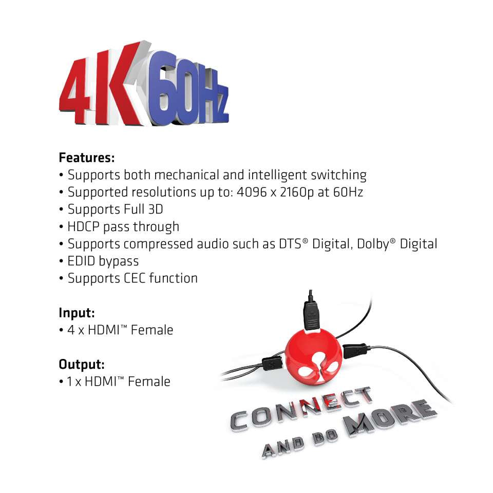 CLUB3D Club 3D – HDMI-Switchbox – 4K UHD, HDMI 2.0a, 4 Eingänge, 1 Ausgang, Fernbedienung – Schwarz, Metall