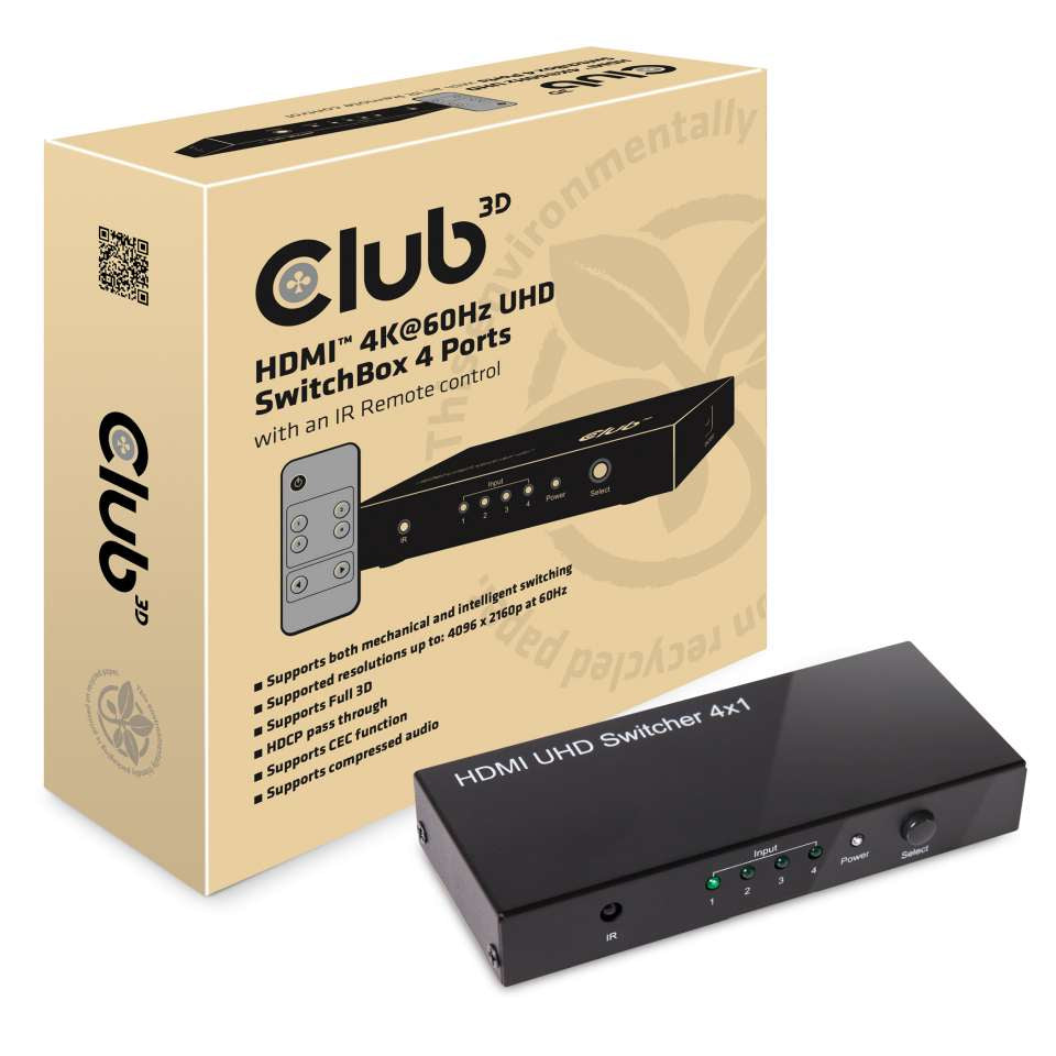 CLUB3D Club 3D – HDMI-Switchbox – 4K UHD, HDMI 2.0a, 4 Eingänge, 1 Ausgang, Fernbedienung – Schwarz, Metall