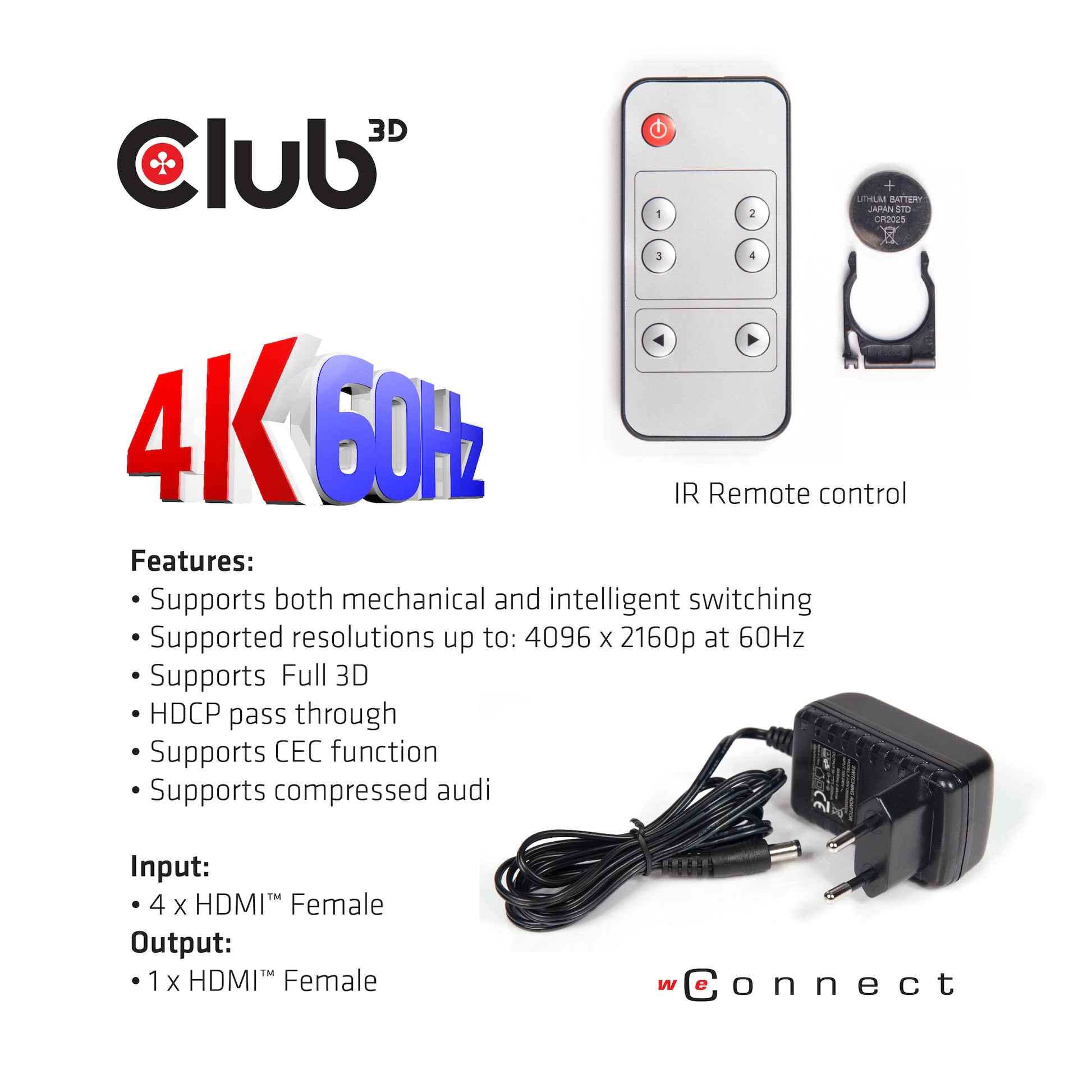 CLUB3D Club 3D – HDMI-Switchbox – 4K UHD, HDMI 2.0a, 4 Eingänge, 1 Ausgang, Fernbedienung – Schwarz, Metall