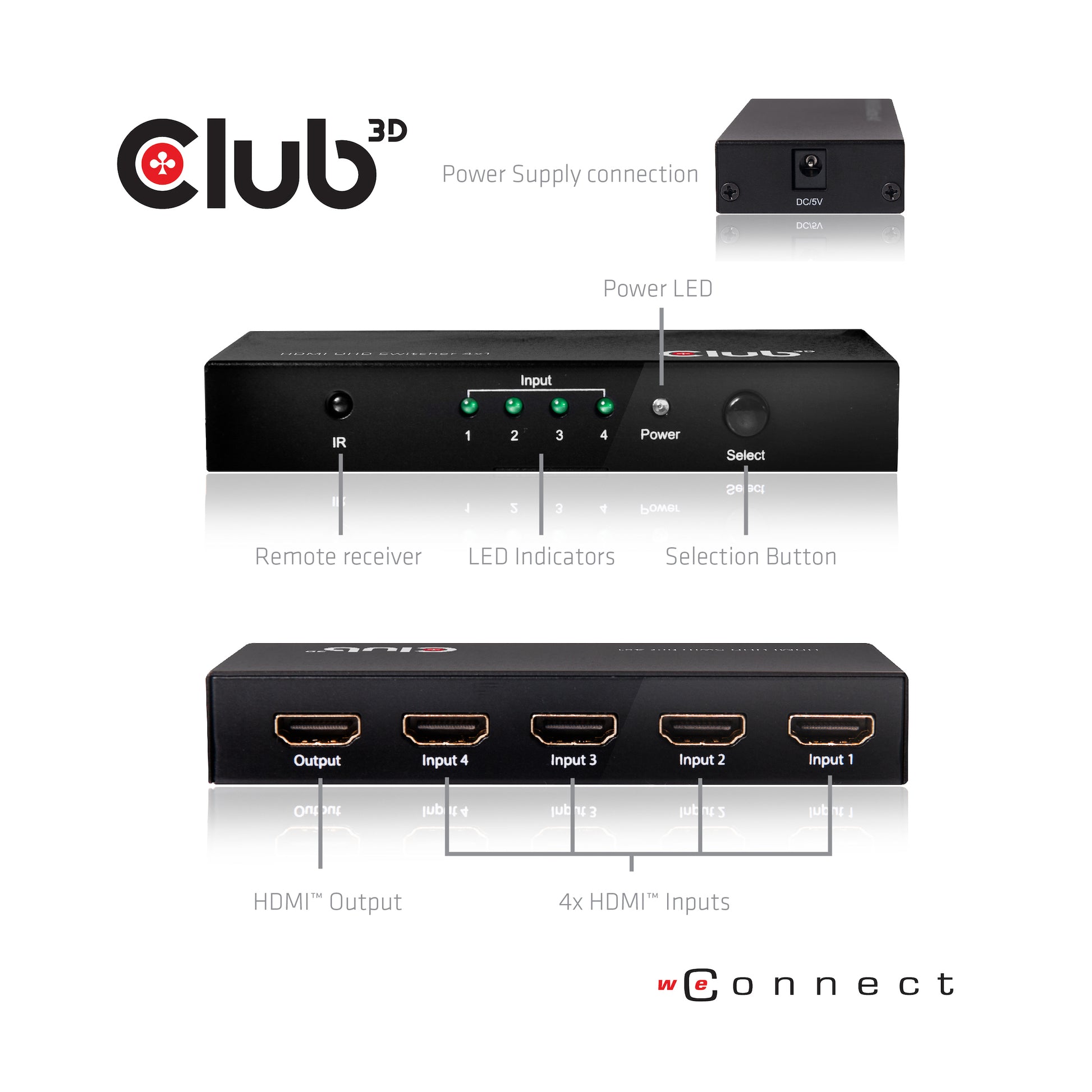 CLUB3D Club 3D – HDMI-Switchbox – 4K UHD, HDMI 2.0a, 4 Eingänge, 1 Ausgang, Fernbedienung – Schwarz, Metall