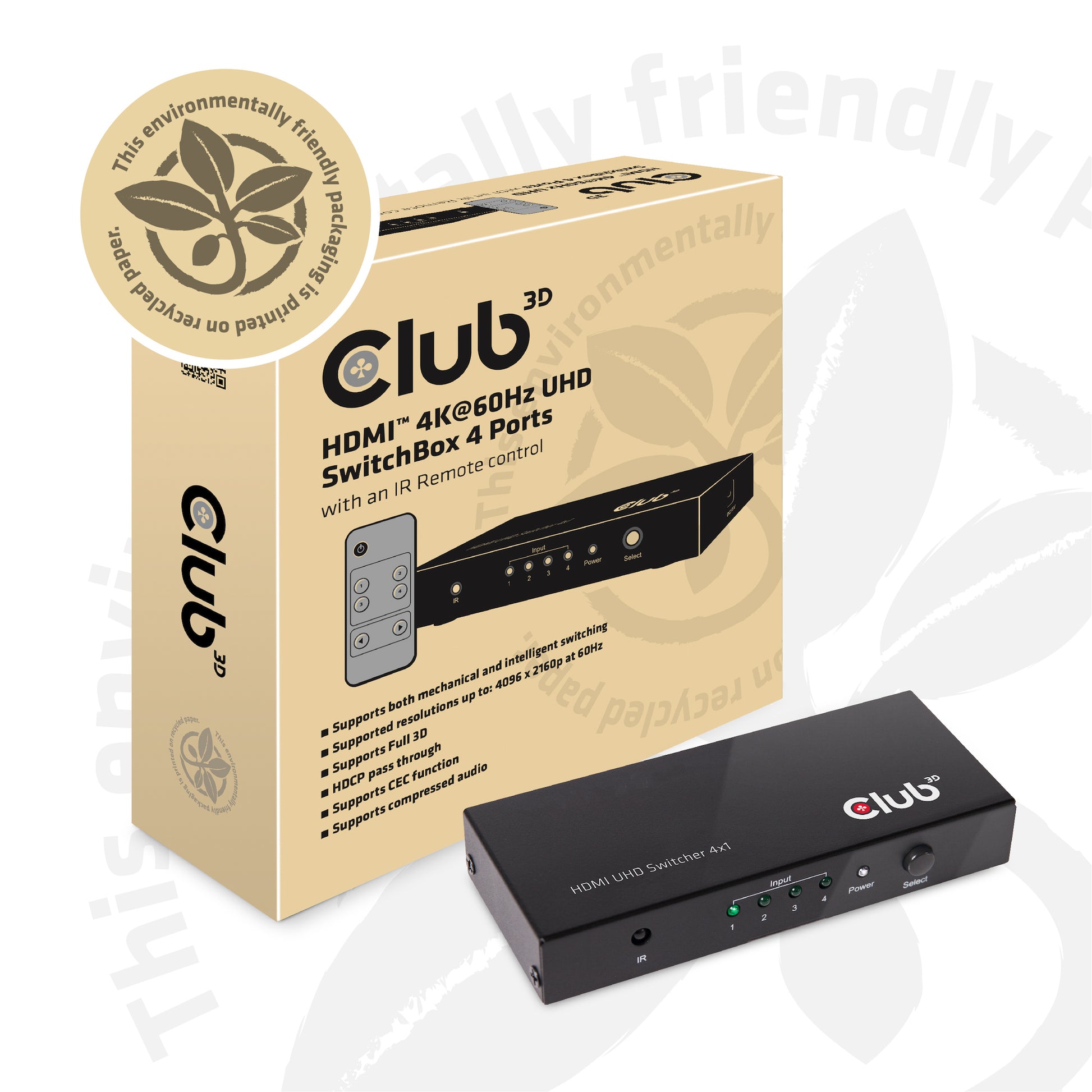 CLUB3D Club 3D – HDMI-Switchbox – 4K UHD, HDMI 2.0a, 4 Eingänge, 1 Ausgang, Fernbedienung – Schwarz, Metall
