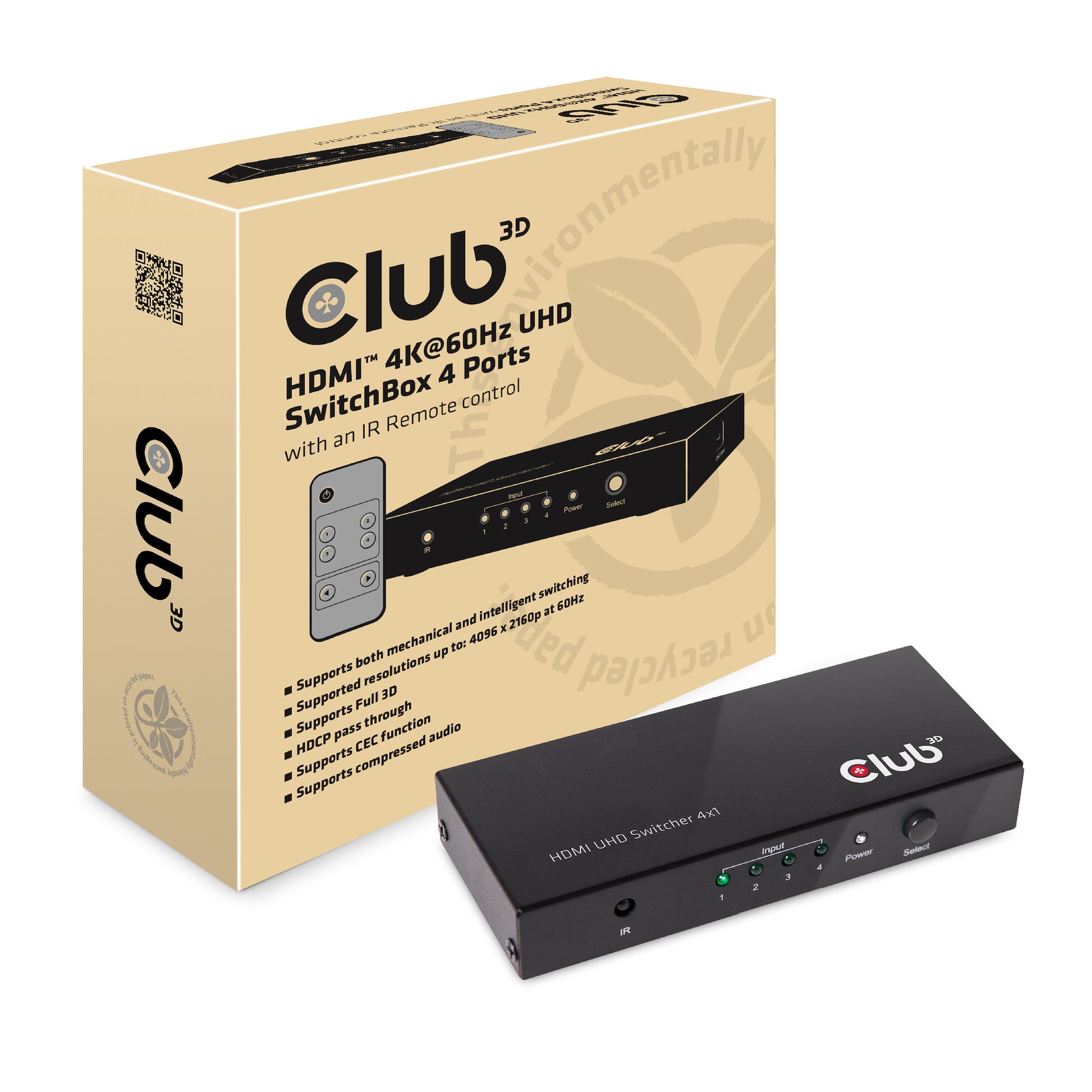 CLUB3D Club 3D – HDMI-Switchbox – 4K UHD, HDMI 2.0a, 4 Eingänge, 1 Ausgang, Fernbedienung – Schwarz, Metall