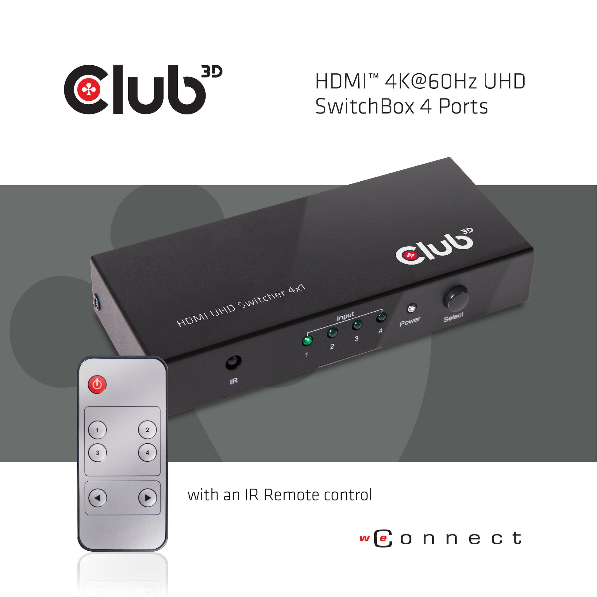 CLUB3D Club 3D – HDMI-Switchbox – 4K UHD, HDMI 2.0a, 4 Eingänge, 1 Ausgang, Fernbedienung – Schwarz, Metall