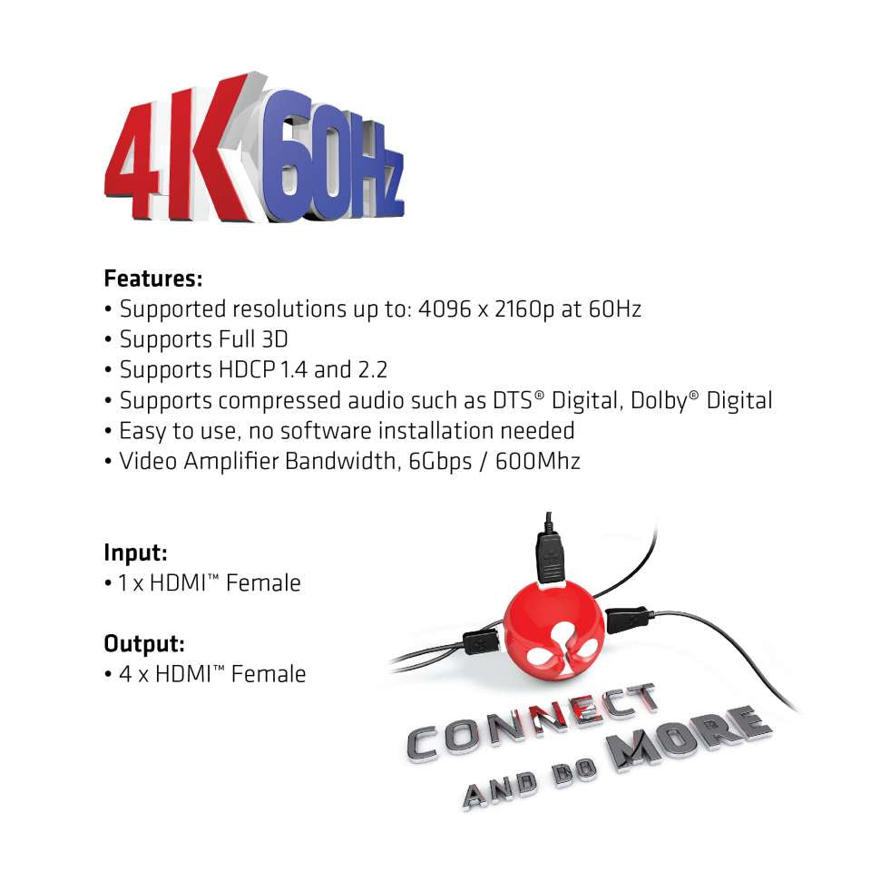 CLUB3D Club 3D – HDMI-Splitter – 4K UHD, HDMI 2.0, 4 Anschlüsse – Schwarz, Metall