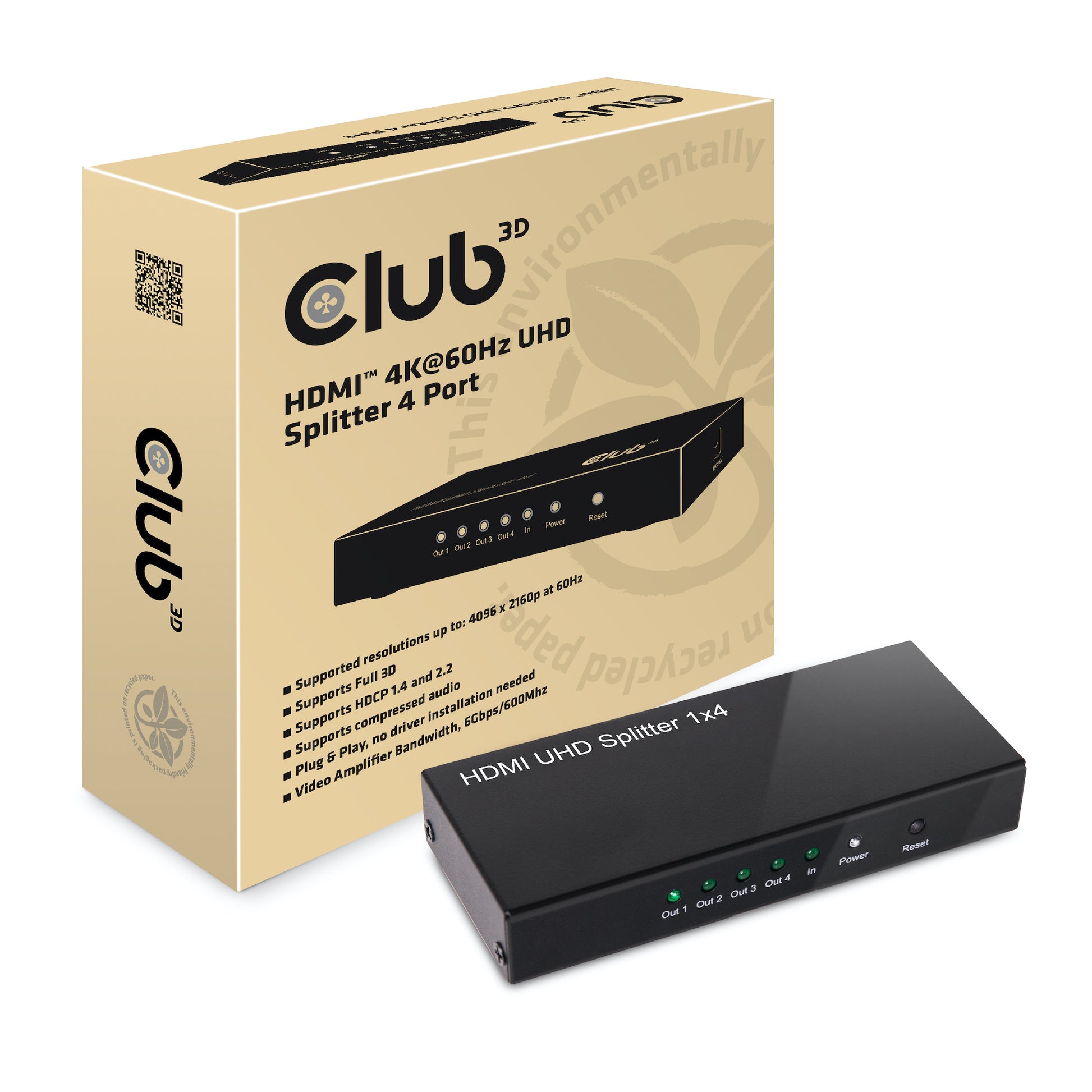 CLUB3D Club 3D – HDMI-Splitter – 4K UHD, HDMI 2.0, 4 Anschlüsse – Schwarz, Metall