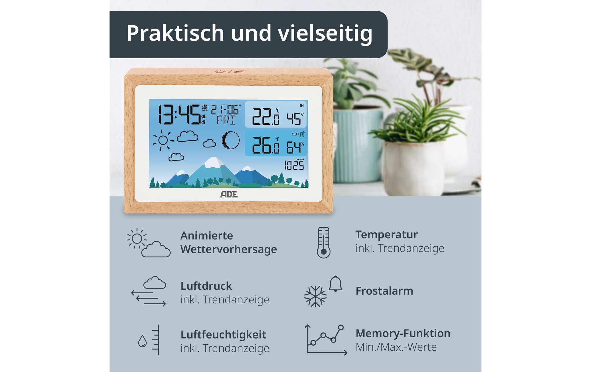 ADE – Wetterstation, Funk, innen/außen, Hygrometer & Barometer – Braun