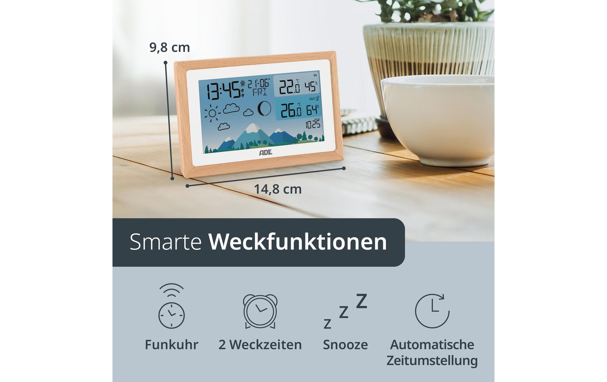 ADE – Wetterstation, Funk, innen/außen, Hygrometer & Barometer – Braun