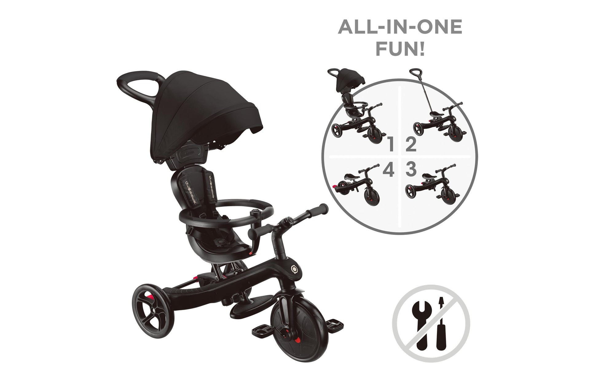 Globber Explorer 4-in-1 Dreirad – verstellbarer Sitz, Schiebestange, bis 20 kg – ab 10 Monaten – schwarz