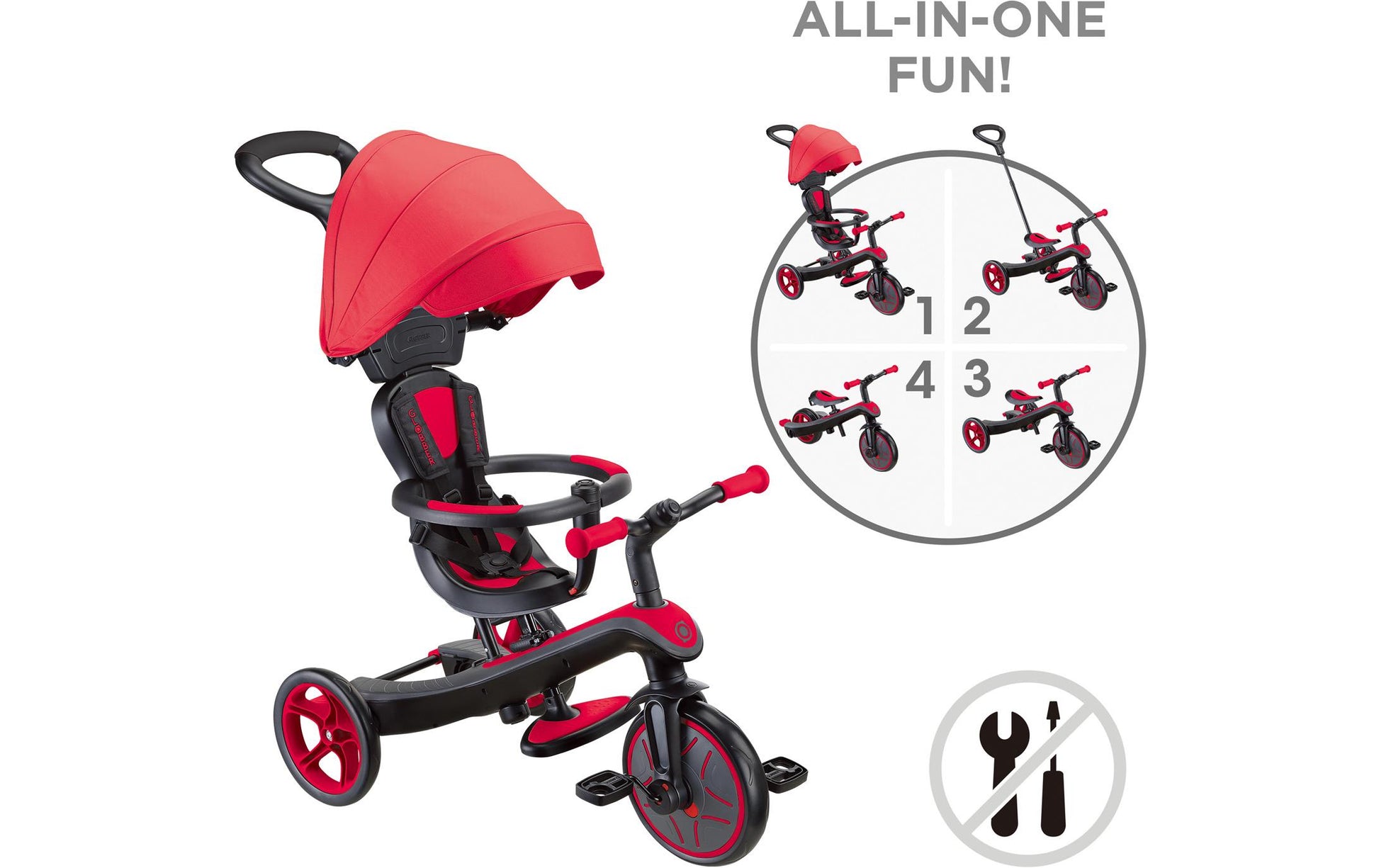 Globber Trike Explorer 4 in 1 – Belastbarkeit 20 kg – ab 10 Monaten – Polycarbonat, rot