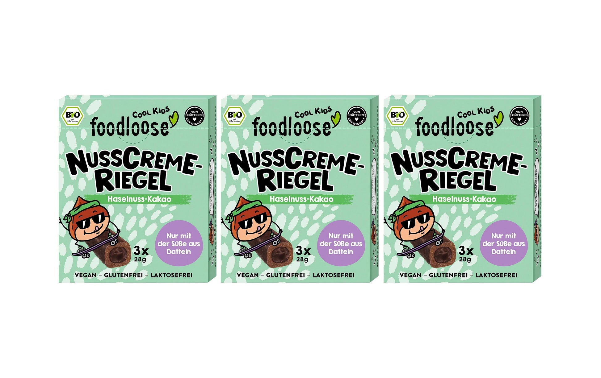 Foodloose Nusscreme-Riegel – Haselnuss-Kakao, bio, vegan – 3 × 28 g