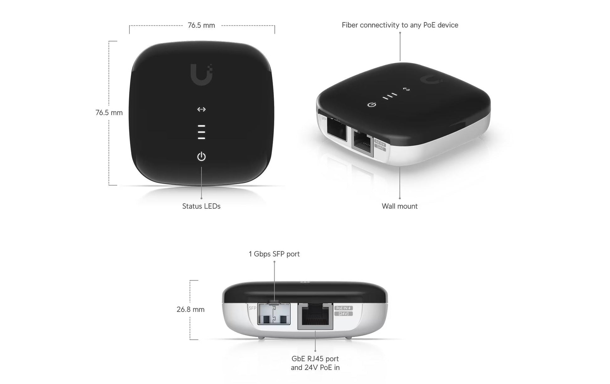 Ubiquiti UACC-AE – Medienkonverter – 1×GbE, 1×SFP, PoE (24 V passiv), Schwarz