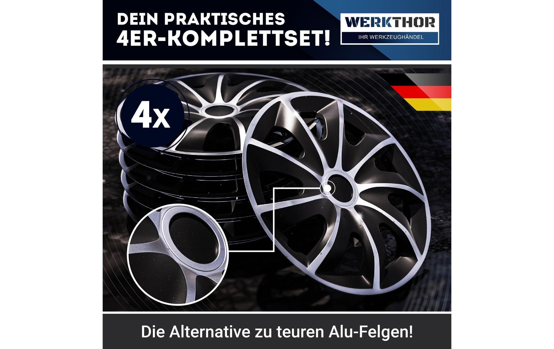 Werkthor Radkappen – für 14" Felgen – 4 Stk. – Kunststoff, Schwarz/Silber