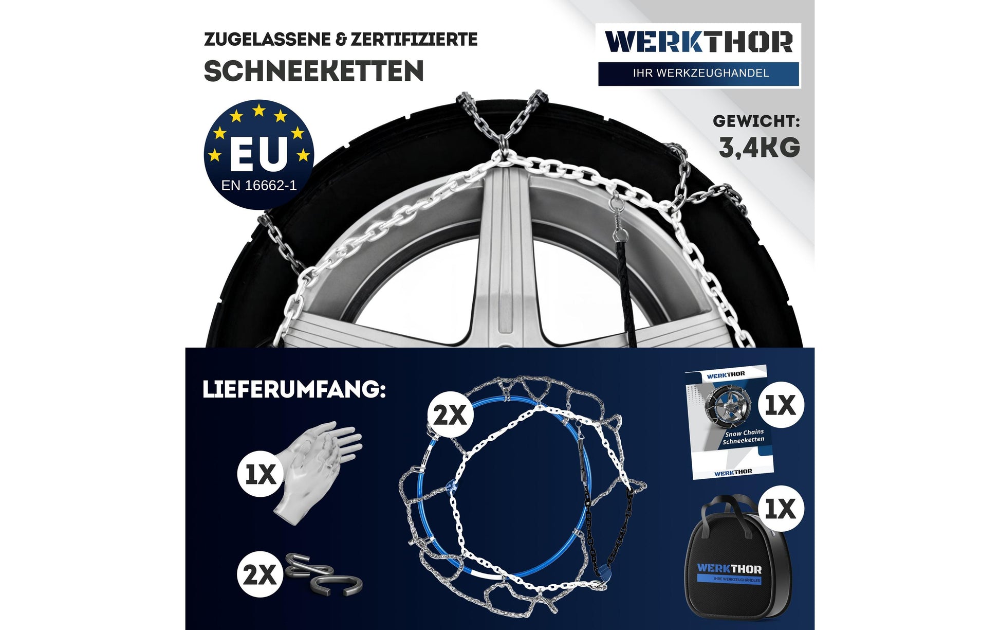 Werkthor Schneeketten – EN- & Ö-Norm zertifiziert, Edelstahl – für 14"/15"/16" und andere – Modell WT 120
