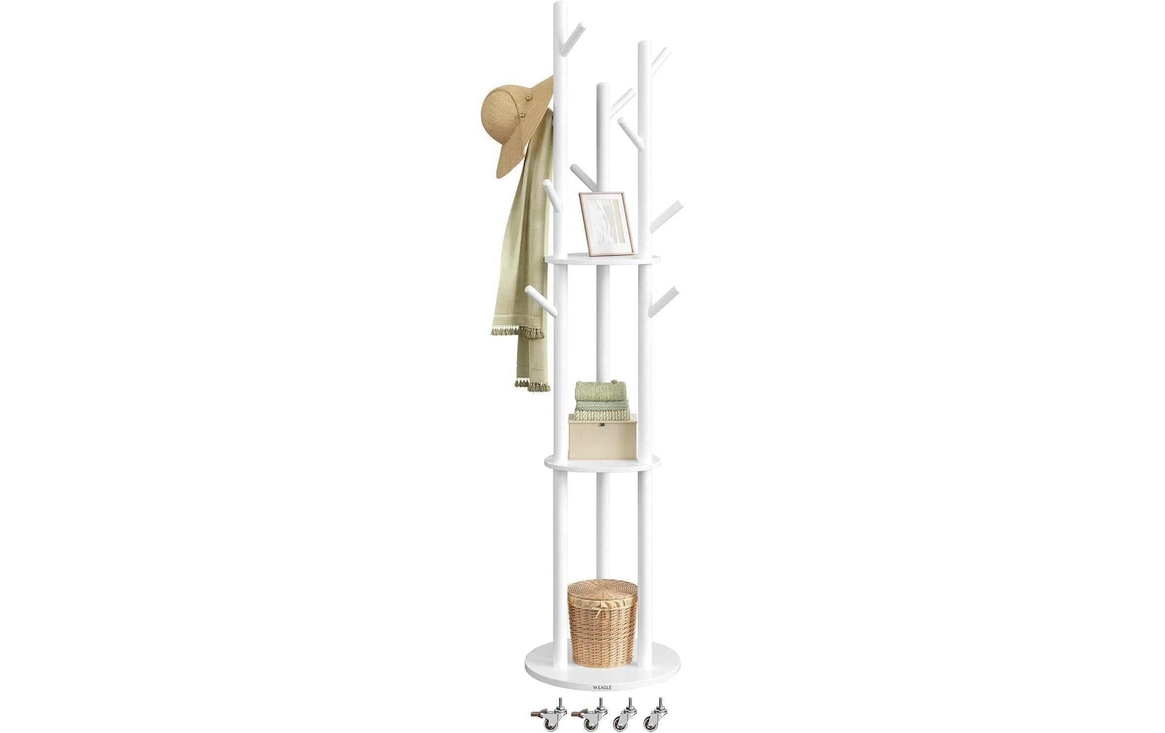 Vasagle Garderobenständer – 12 Haken, mit 3 Ablagen, Stahl/MDF, Weiss, Ø 40 × 175 cm