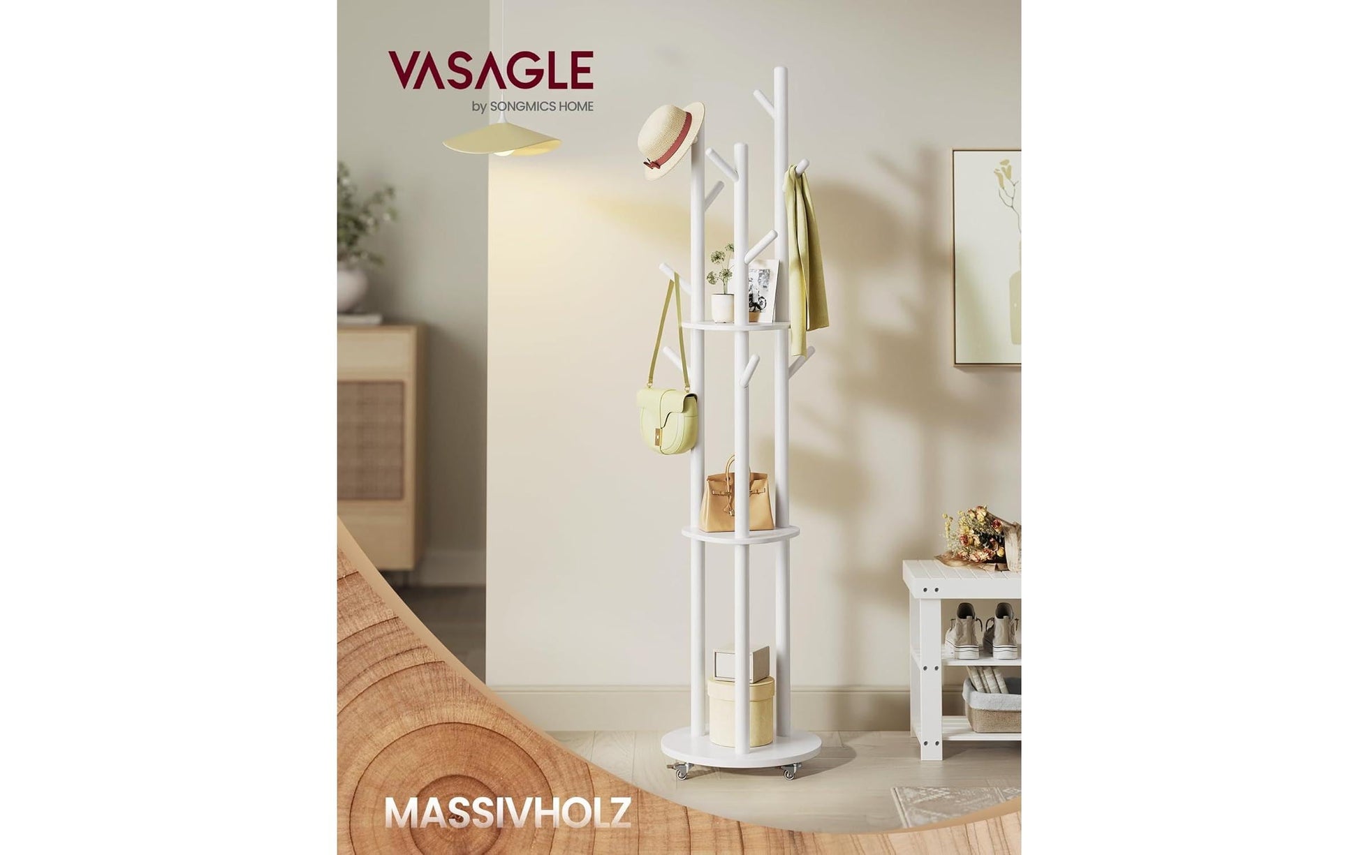 Vasagle Garderobenständer – 12 Haken, mit 3 Ablagen, Stahl/MDF, Weiss, Ø 40 × 175 cm