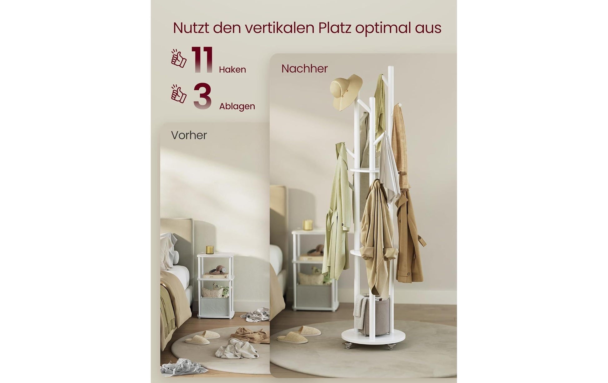 Vasagle Garderobenständer – 12 Haken, mit 3 Ablagen, Stahl/MDF, Weiss, Ø 40 × 175 cm