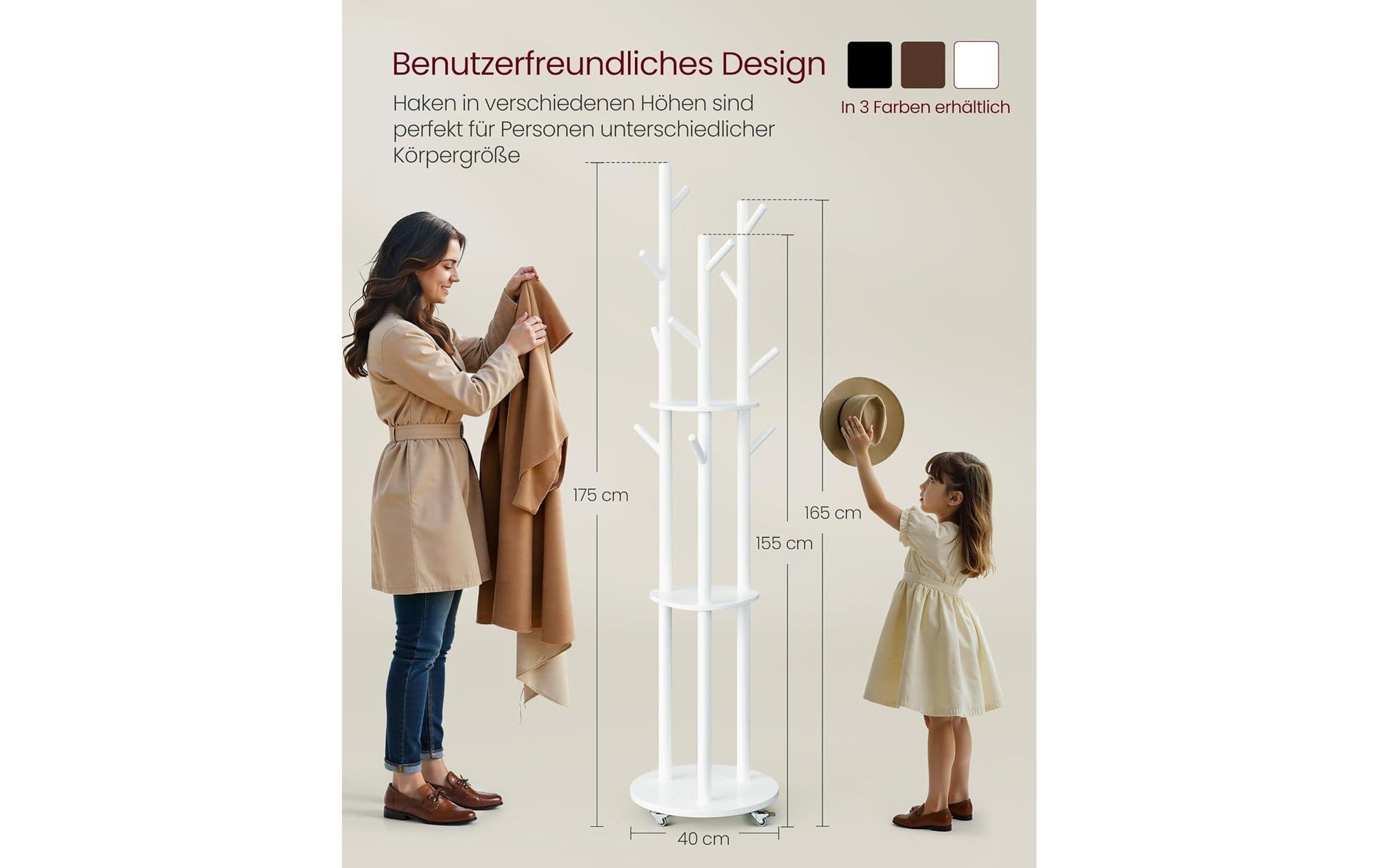 Vasagle Garderobenständer – 12 Haken, mit 3 Ablagen, Stahl/MDF, Weiss, Ø 40 × 175 cm