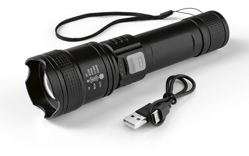 Easymaxx Taschenlampe – 200 lm, 500 m, Akku, Max. Laufzeit 4 h – Schwarz