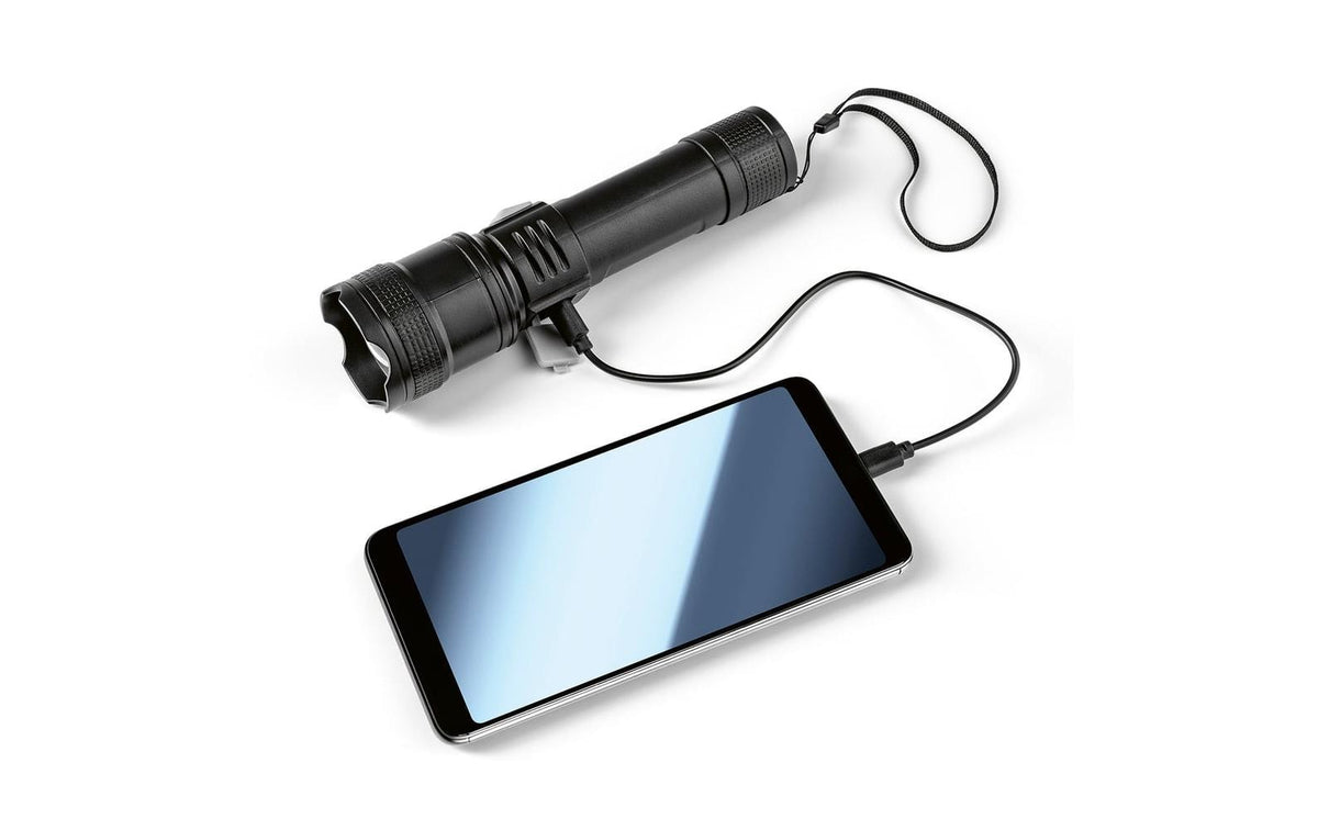 Easymaxx Taschenlampe – 200 lm, 500 m, Akku, Max. Laufzeit 4 h – Schwarz