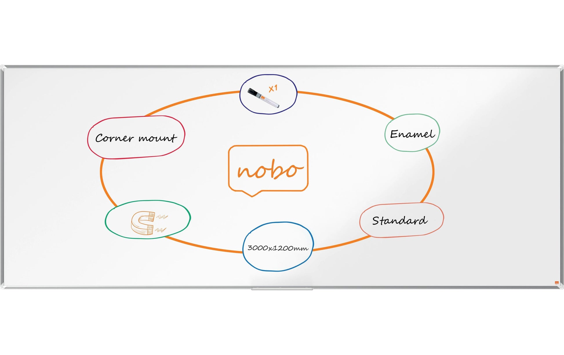 Nobo Whiteboard – 300 × 120 cm, Emaille, Aluminiumrahmen, Wandmontage, inkl. Stiftablage