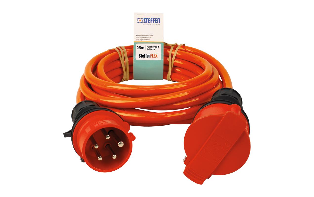 Steffen Verlängerungskabel, CEE 16-5–CEE 16-5, 25 m, 2,5 mm², halogenfrei, montiert – Orange
