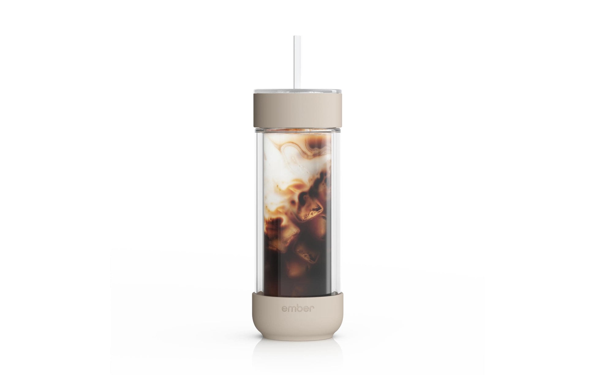 Ember Kaffeebecher – 473 ml, Ø 7,4 cm, H 21,2 cm, Glas, Beige/Transparent, mit Trinkhalm