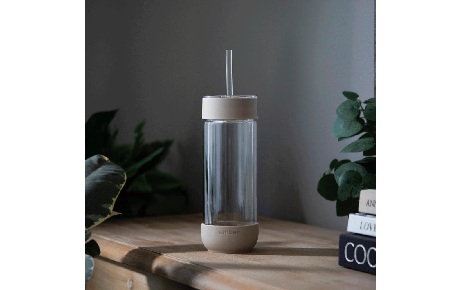 Ember Kaffeebecher – 473 ml, Ø 7,4 cm, H 21,2 cm, Glas, Beige/Transparent, mit Trinkhalm