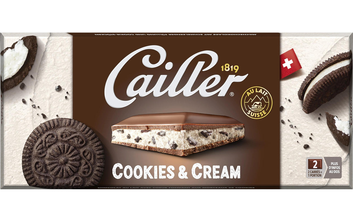 Cailler Gefüllte Cookie Cream Schokolade – weisse Füllung, Kakaokeksstückchen – 96 g