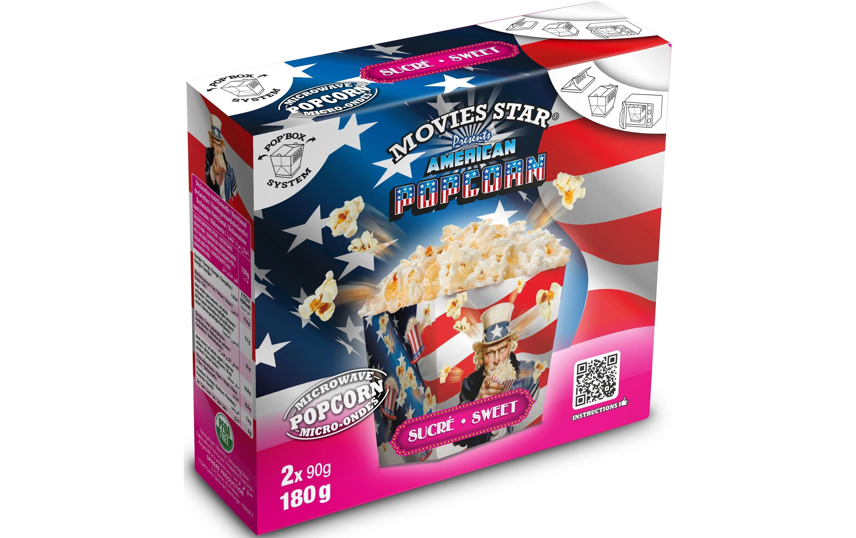 Movies star Pop Box Mikrowellen-Popcorn – mit Zucker – 180 g