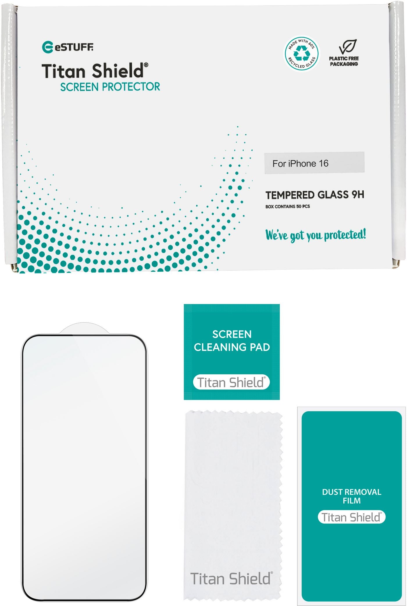 eSTUFF Displayschutzglas – für Apple iPhone 16, Hartglas, 9H, Transparent – 50er-Pack
