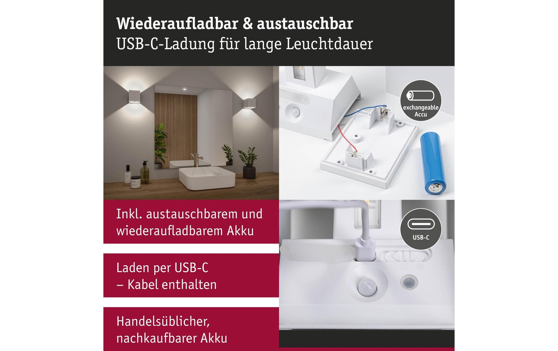 Paulmann Aussenwandleuchte – 1 W – Warmweiss, 3000 K – IP44 – Akkubetrieb – Weiss – Aluminium, Kunststoff