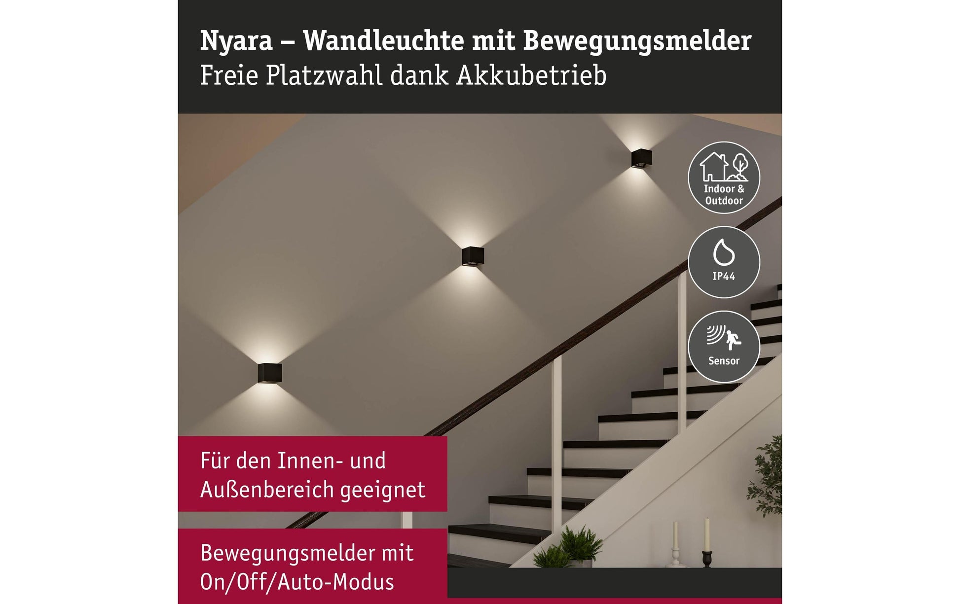 Paulmann Aussenwandleuchte – 1 W – Warmweiss, 3000 K – IP44 – Akkubetrieb – Schwarz, Aluminium, Kunststoff