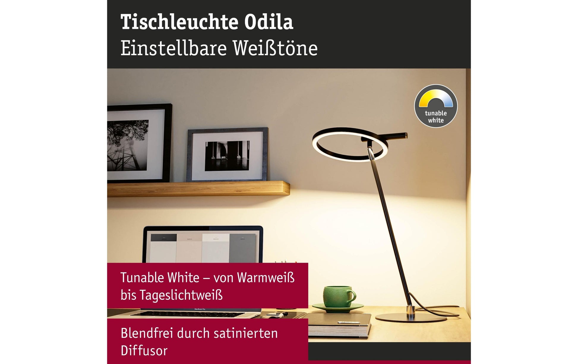 Paulmann Tischleuchte Odila Tunable – 1540 lm, 10,4 W, 2200–2700 K, dimmbar, schwarz/chrom