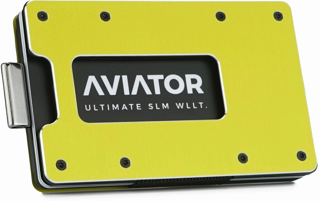 Aviator Kartenetui mit Geldclip – RFID-Schutz, Münzfach, Gummibandverschluss – Elektrisches Limettengrün – Carbon