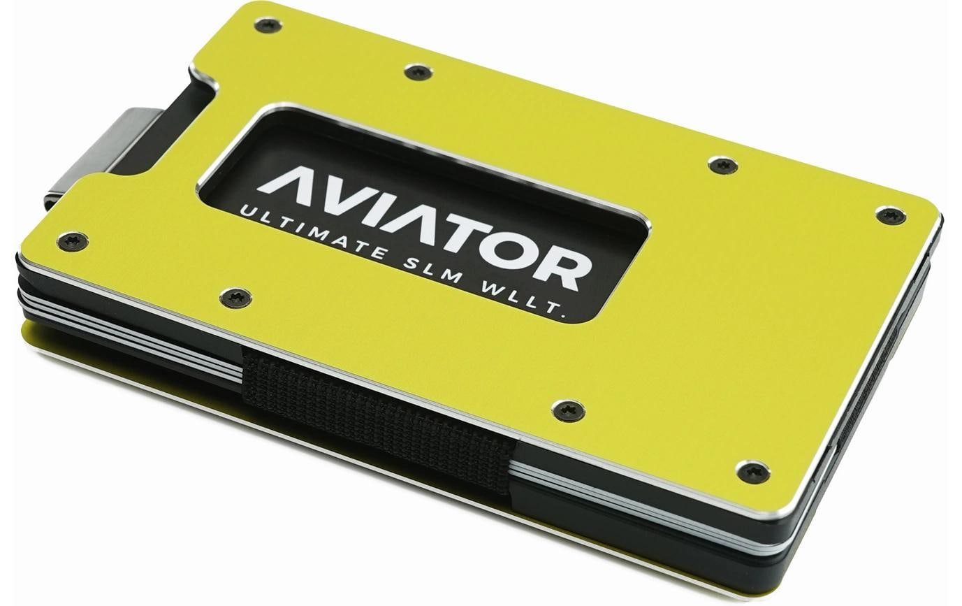 Aviator Kartenetui mit Geldclip – RFID-Schutz, Münzfach, Gummibandverschluss – Elektrisches Limettengrün – Carbon