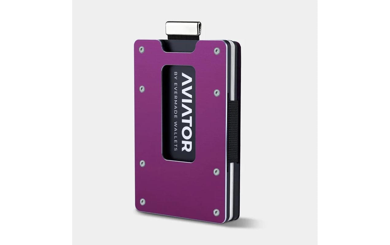 Aviator Kartenetui Wallet SLIDE Metal – RFID-Schutz, Münzfach, Gummizug – Lila – Aluminium