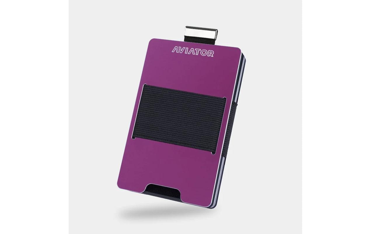 Aviator Kartenetui Wallet SLIDE Metal – RFID-Schutz, Münzfach, Gummizug – Lila – Aluminium