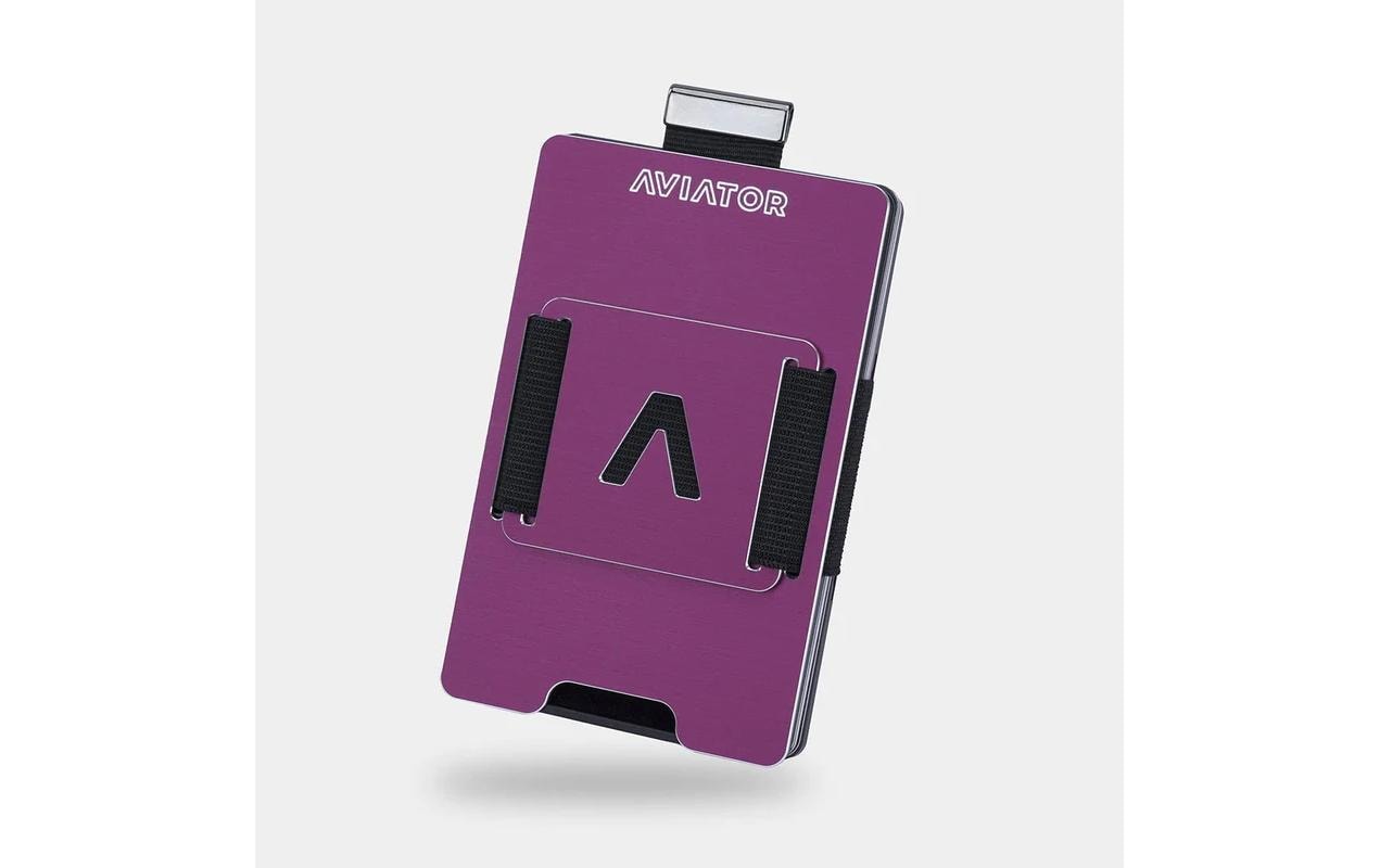 Aviator Kartenetui Wallet SLIDE Metal – RFID-Schutz, Münzfach, Gummizug – Lila – Aluminium