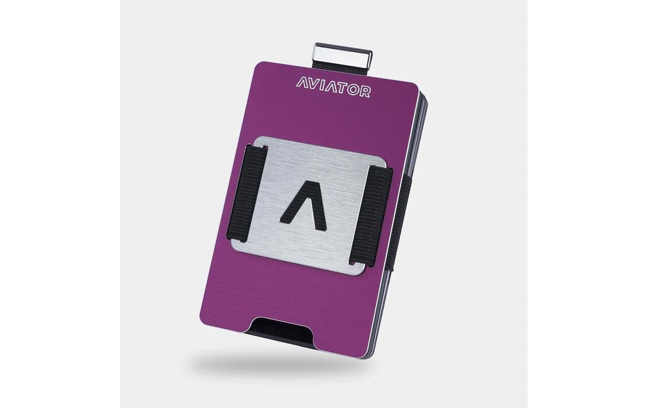 Aviator Kartenetui Wallet SLIDE Metal – RFID-Schutz, Münzfach, Gummizug – Lila – Aluminium